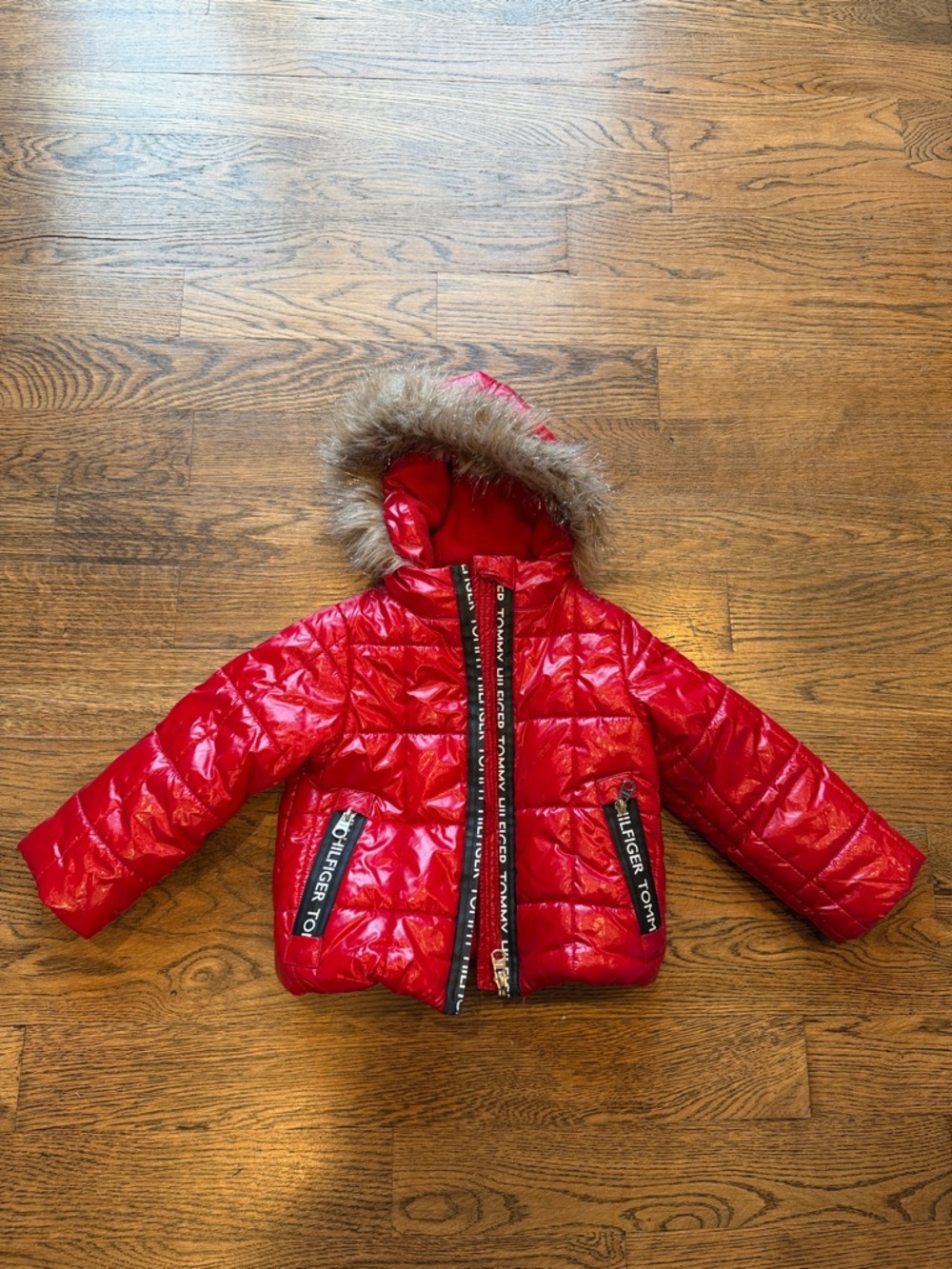 Tommy Hilfiger Shiny Red Quilted Puffer with Faux Fur Trim size 2t